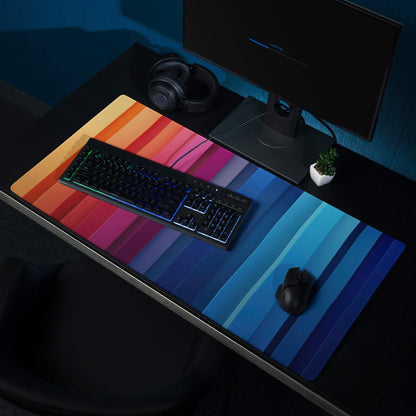 Vibrant rainbow gradient gaming mouse pad with large non-slip surface and stitched edges