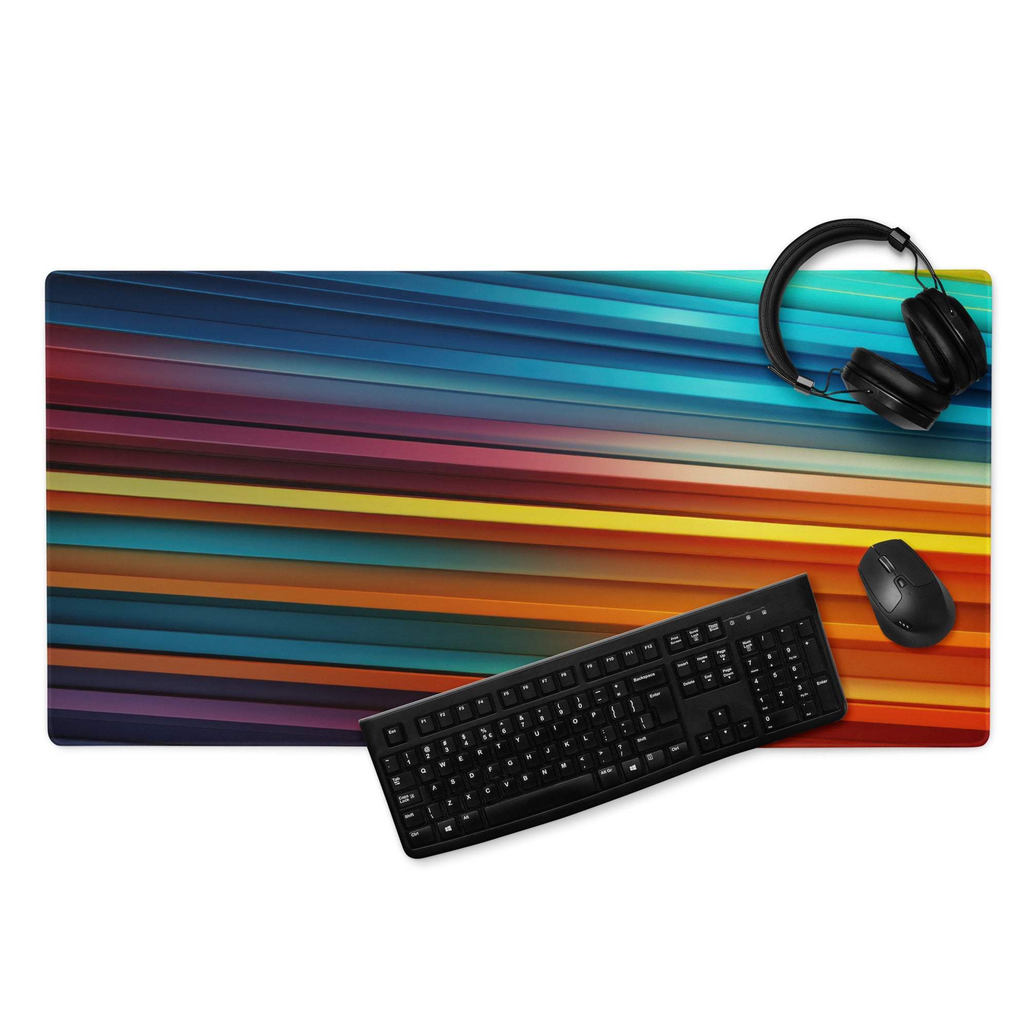 Vibrant rainbow-striped gaming mousepad with glossy finish and non-slip base