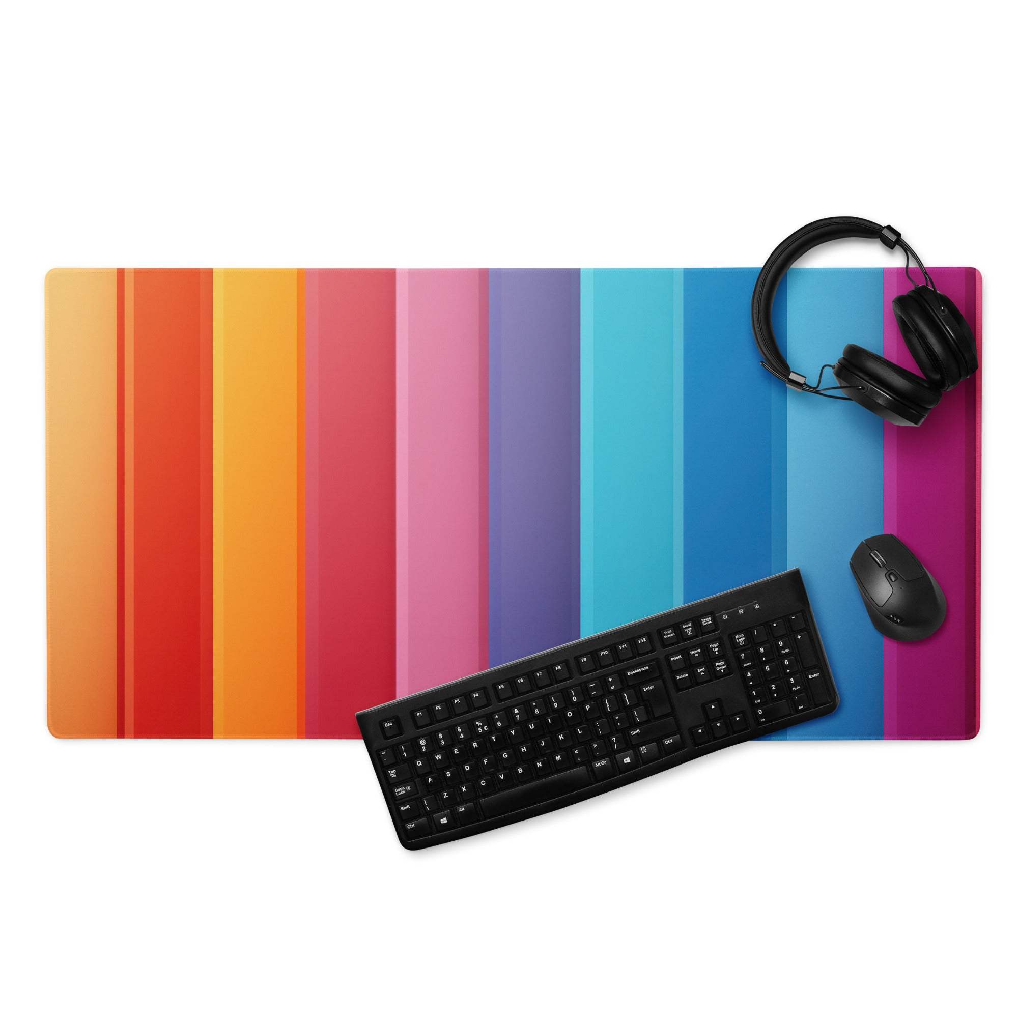 Vibrant rainbow stripe gaming mouse pad with large size, non-slip base and smooth gradient surface
