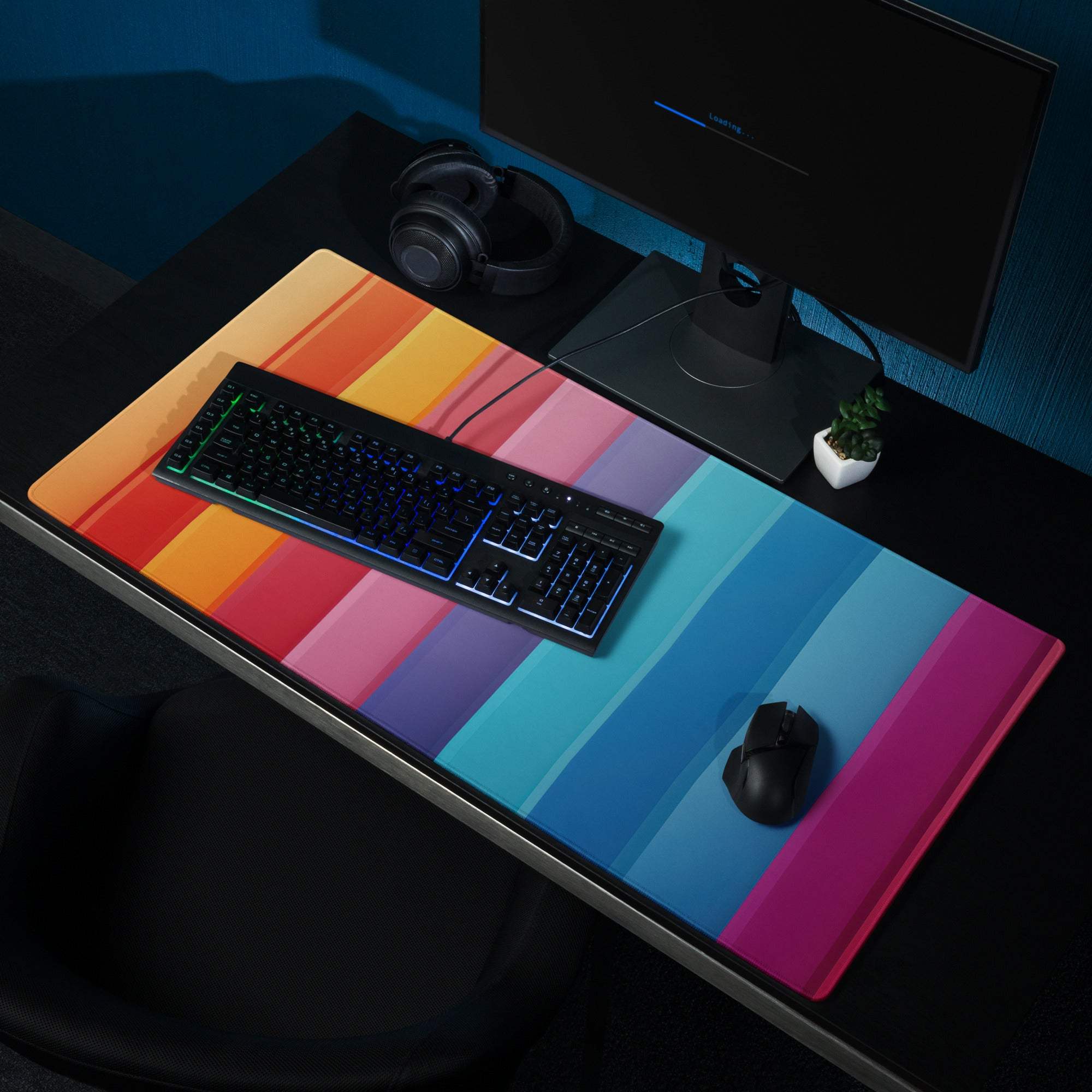 Vibrant rainbow stripe gaming mouse pad with large size, non-slip base, edge stitching