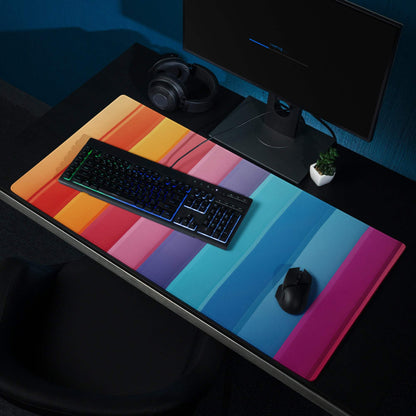Vibrant rainbow stripe gaming mouse pad with large size, non-slip base, edge stitching