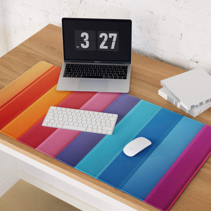 Vibrant rainbow stripe gaming mouse pad with glossy surface, non-slip base and edge stitching