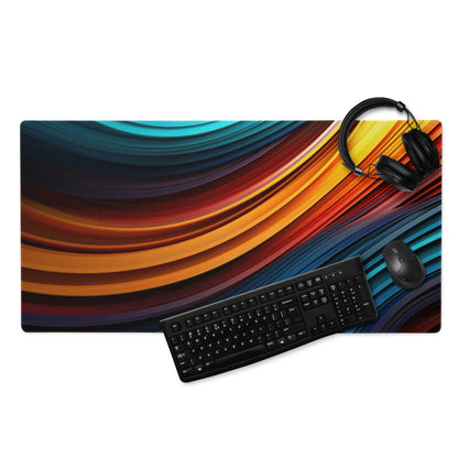 Vibrant abstract wave gaming mouse pad with teal orange red blue design