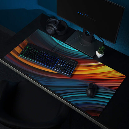 Vibrant rainbow-striped abstract wave gaming mouse pad with large surface and non-slip edges