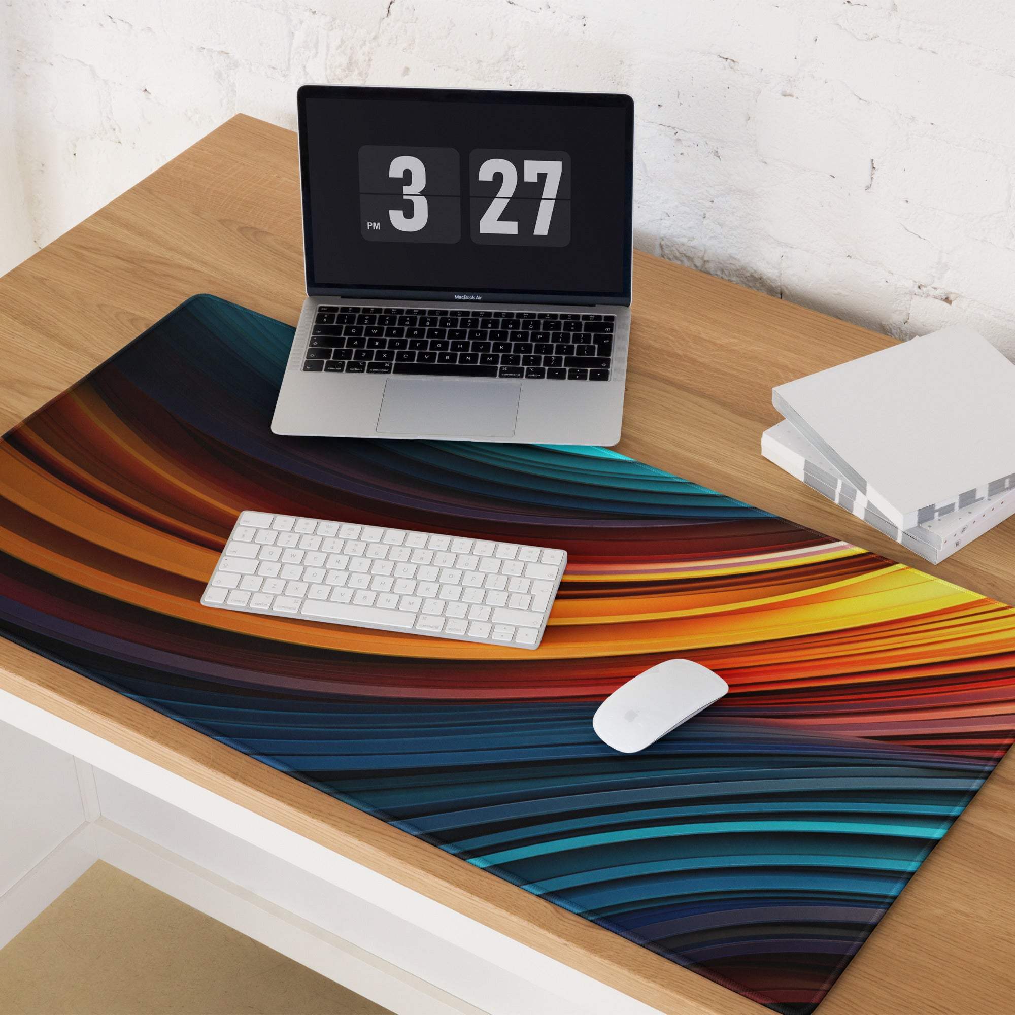 Vibrant rainbow-striped glossy gaming mouse pad with non-slip edges