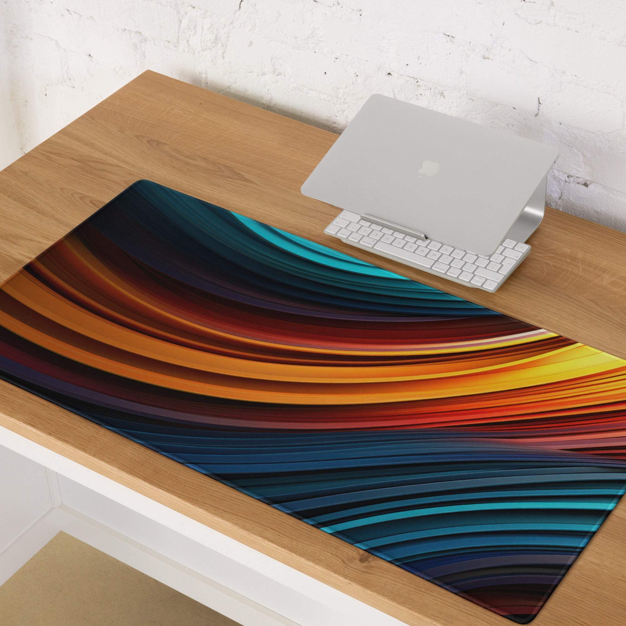 Vibrant rainbow gradient gaming mouse pad with glossy surface and stitched edges