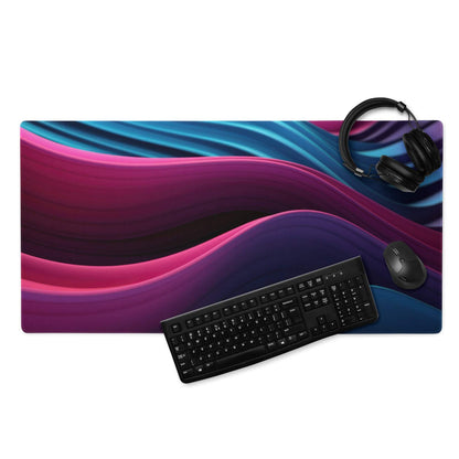 Vibrant abstract wave gaming mouse pad in magenta blue purple large non-slip stitched