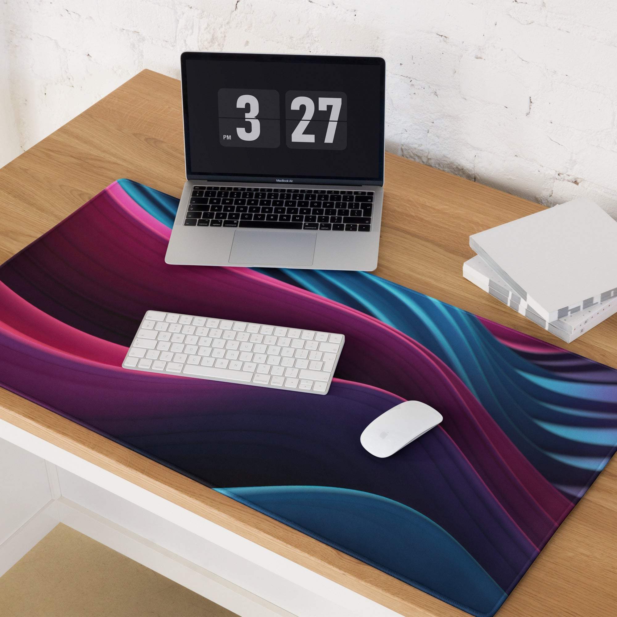 Vibrant abstract wave gaming mouse pad in purple blue black large non-slip stitched