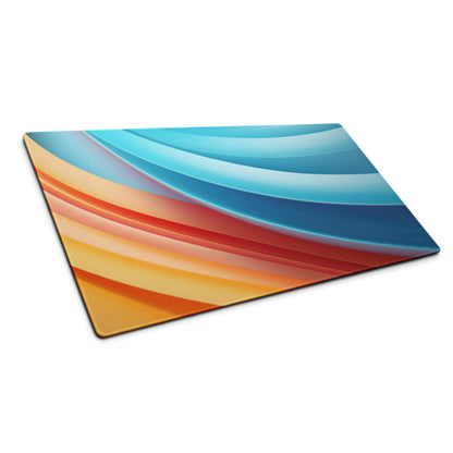 Vibrant gradient rectangular glass cutting board with flowing waves in blue, orange, red, non-slip base, stitched edges