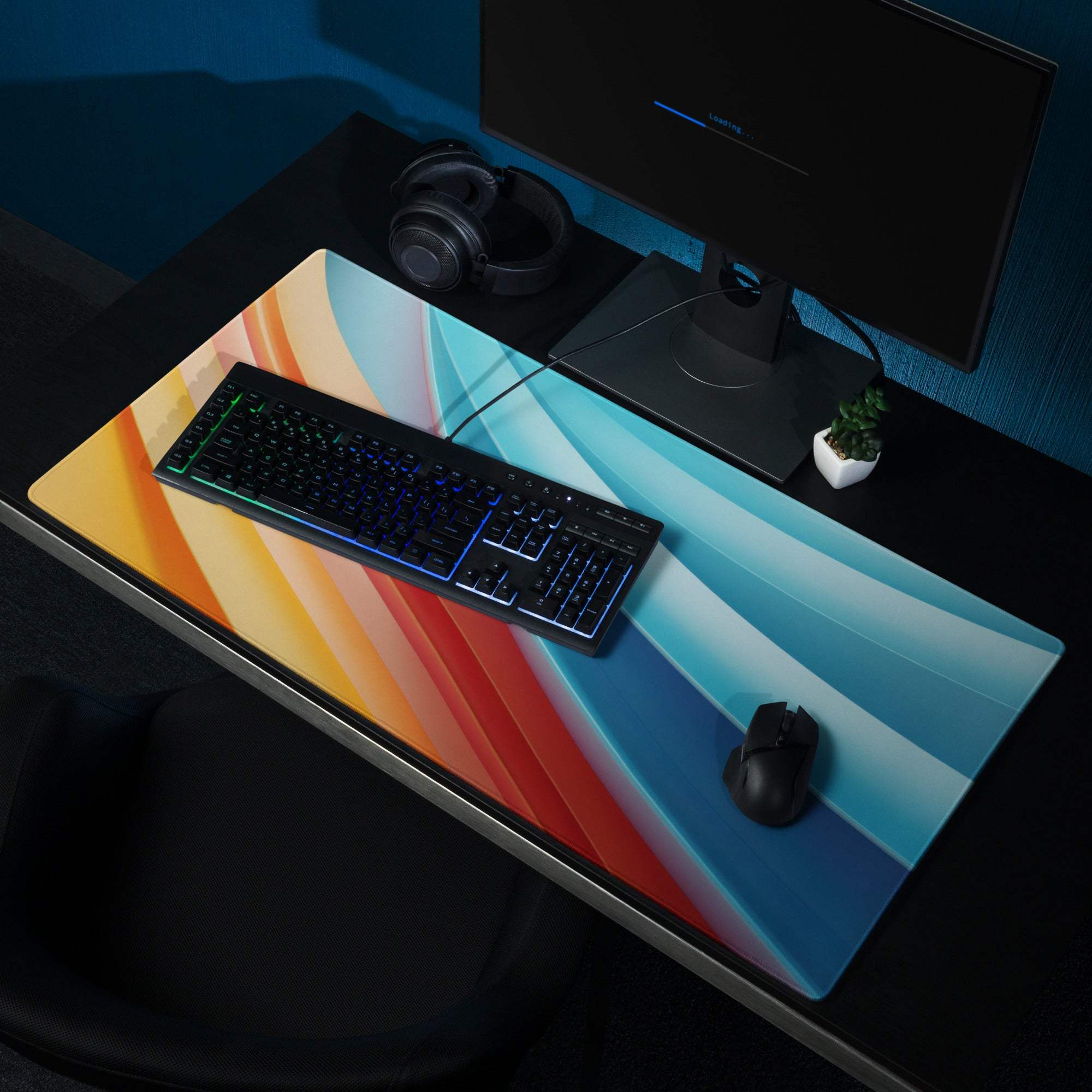Vibrant gradient large gaming mouse pad with non-slip base and stitched edges