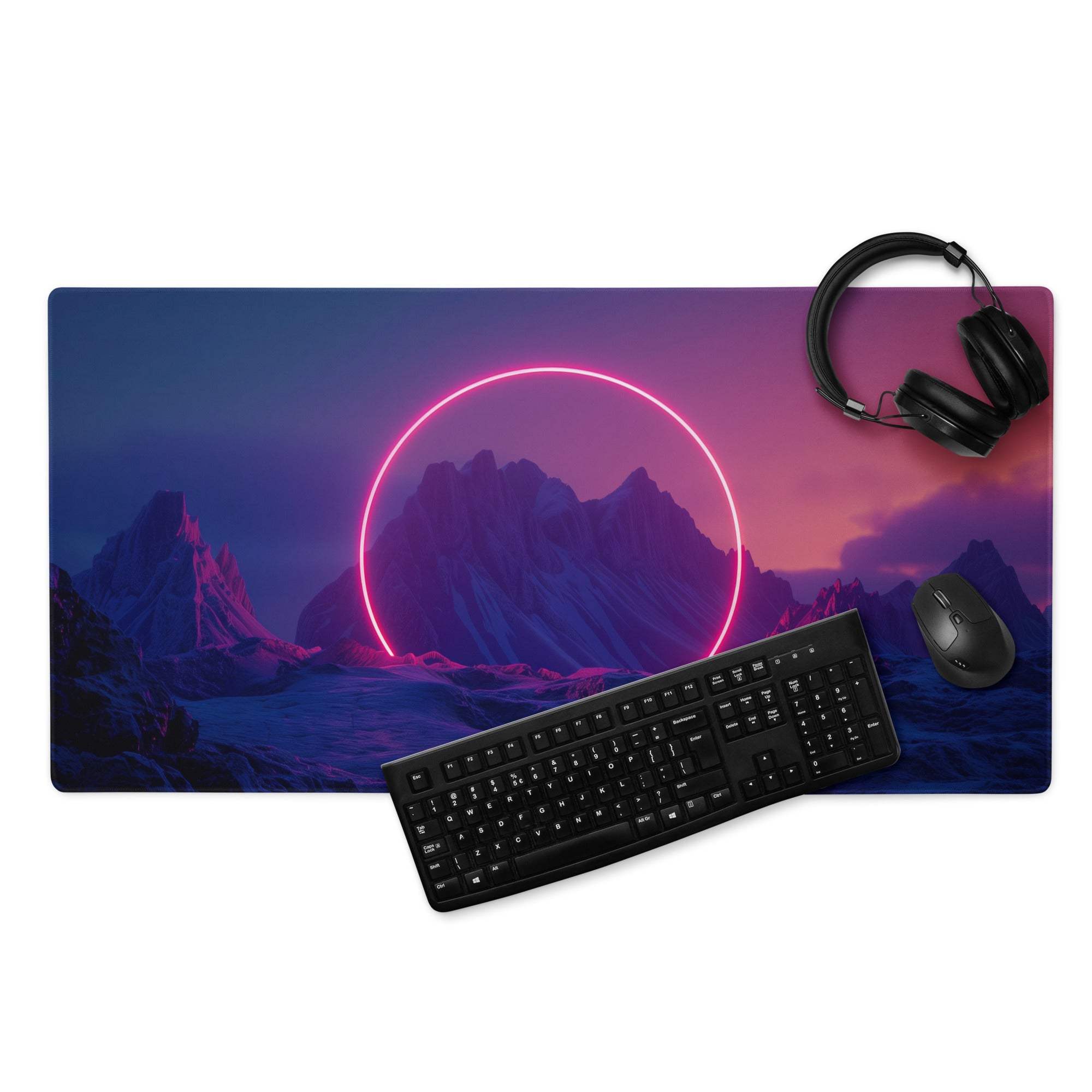 Neon glow mountain landscape gaming mouse pad with pink glow