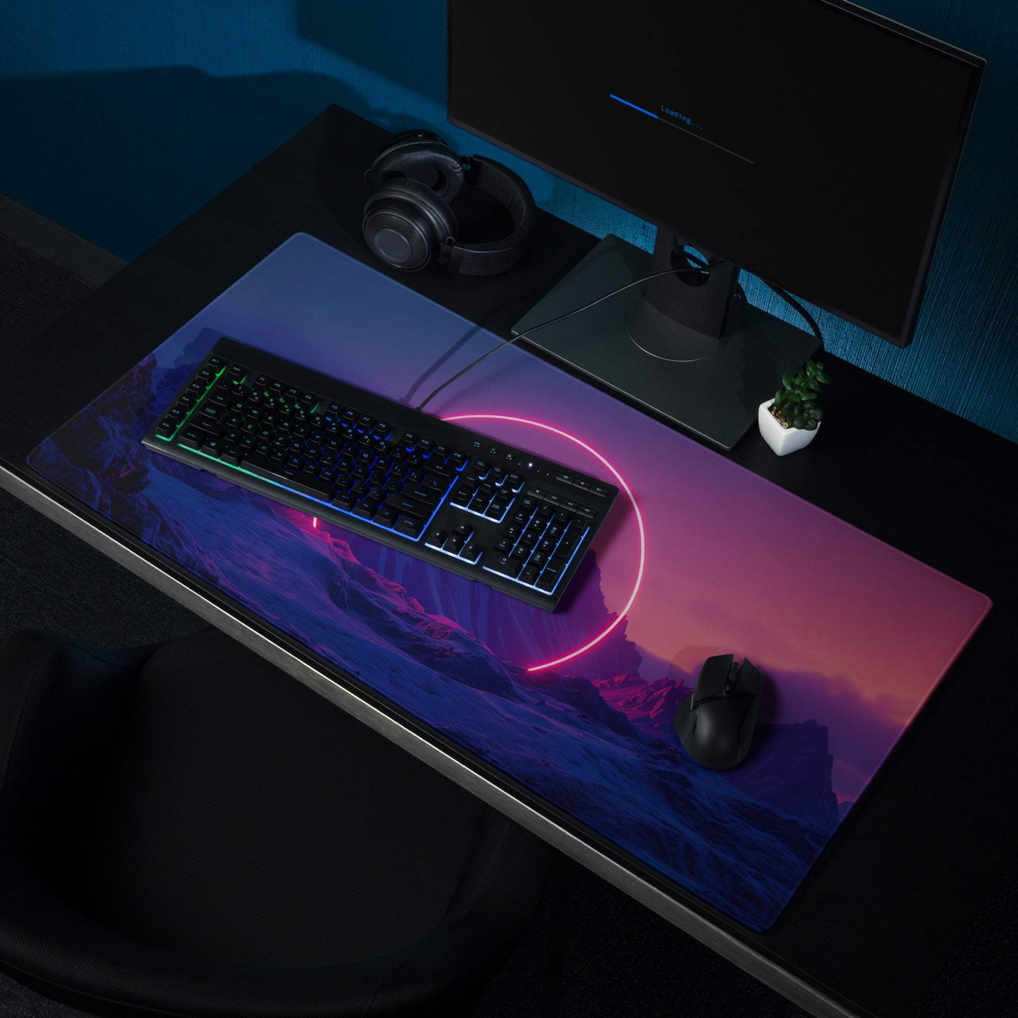 Neon Glow Mountain Landscape gaming mouse pad with purple-pink gradient and neon ring