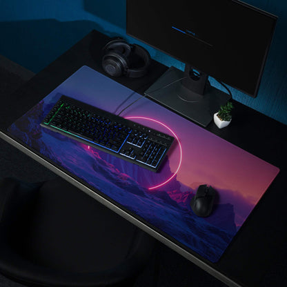 Neon Glow Mountain Landscape gaming mouse pad with purple-pink gradient and neon ring