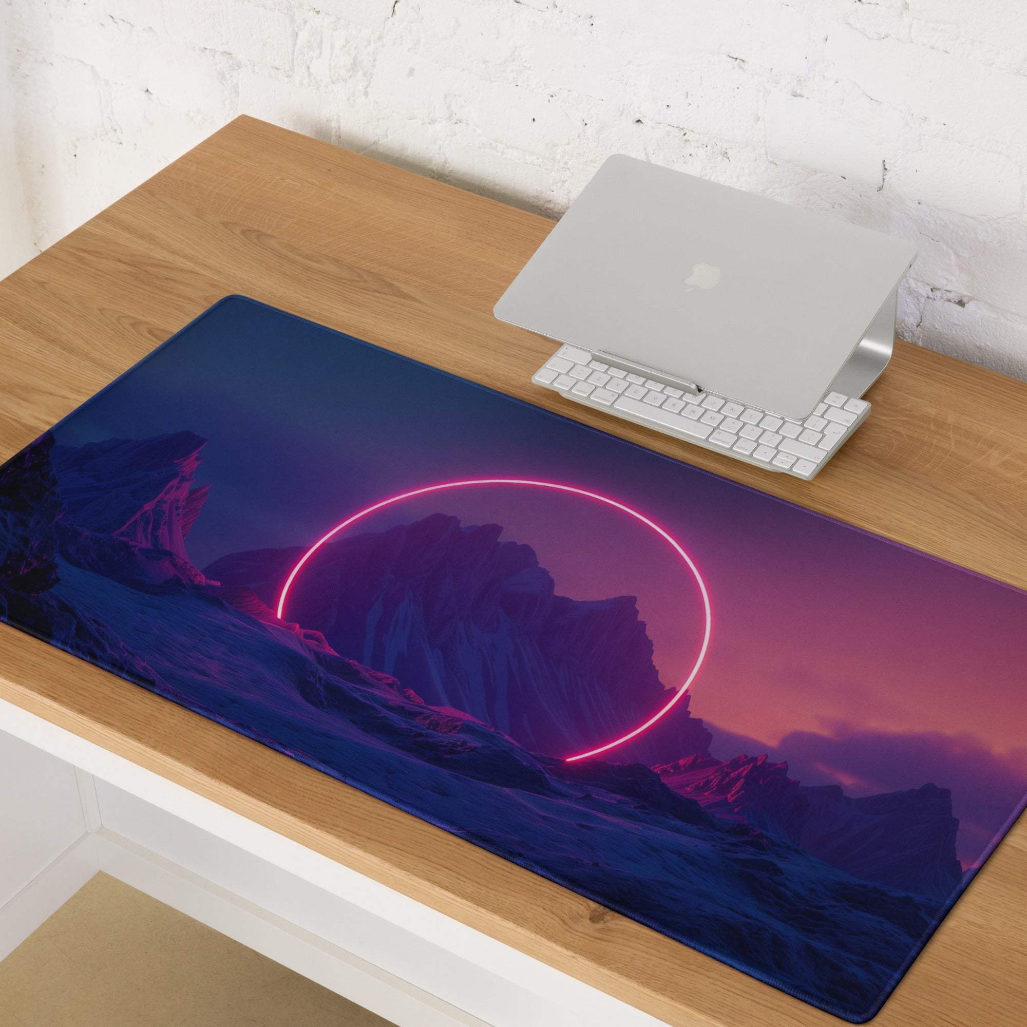 Neon glow mountain landscape gaming mouse pad with pink circle design