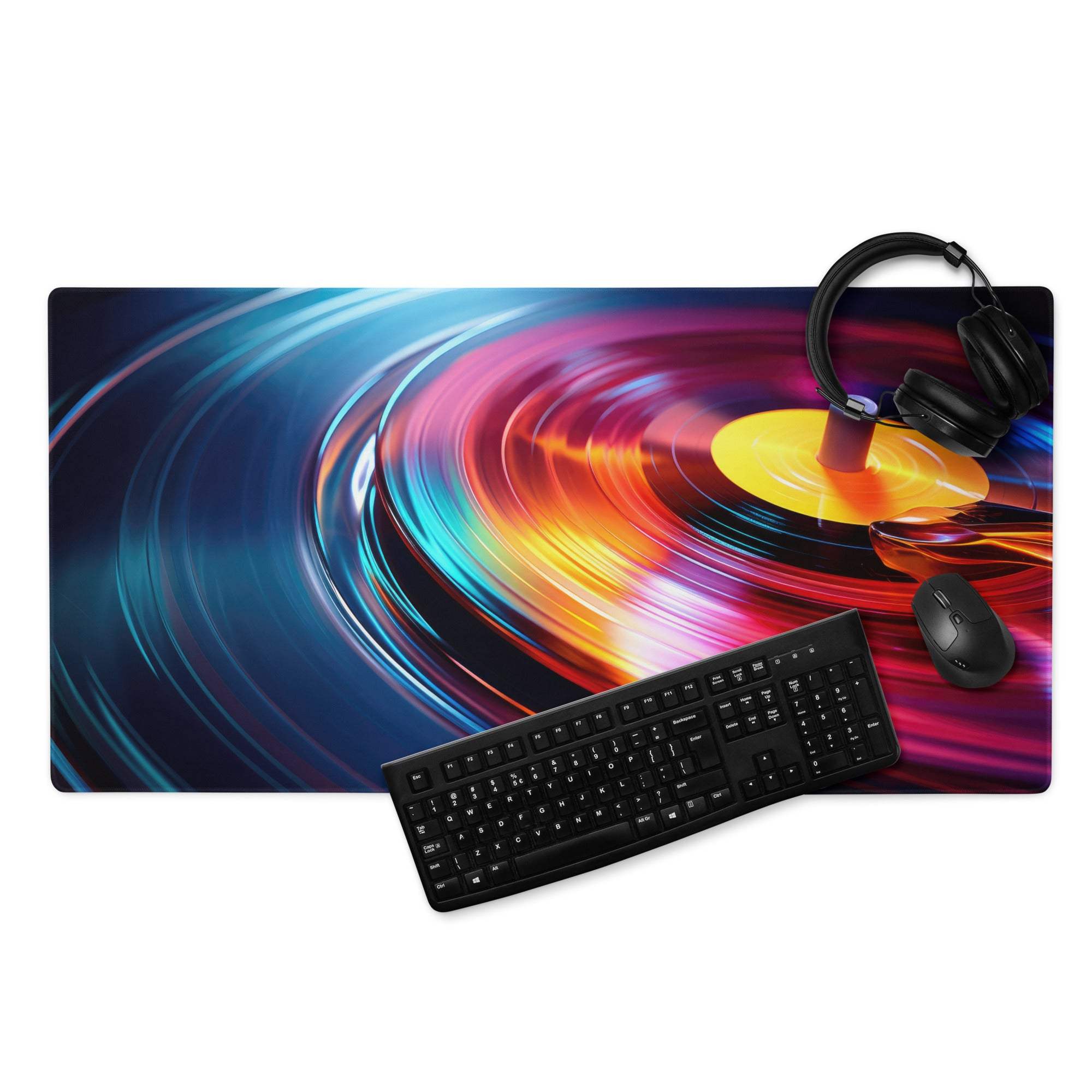 Vibrant rainbow vinyl turntable mouse pad with black keyboard and mouse