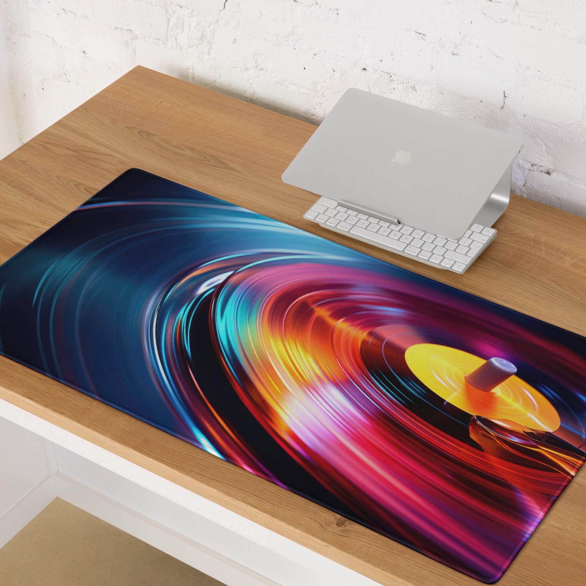 Vibrant vinyl turntable rainbow mouse pad with glowing center and non-slip base