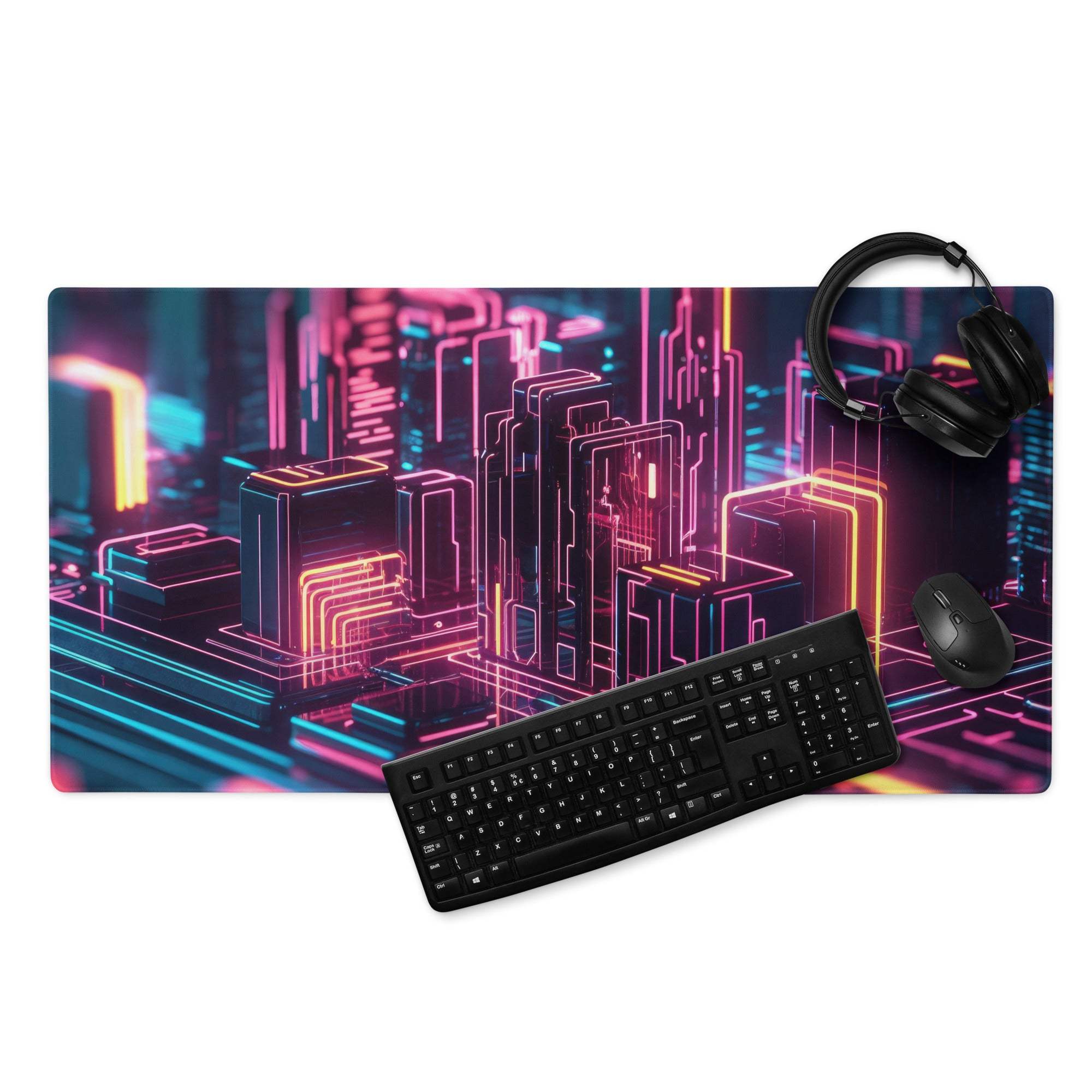Cyberpunk neon cityscape gaming mousepad with pink cyan circuits, keyboard, mouse