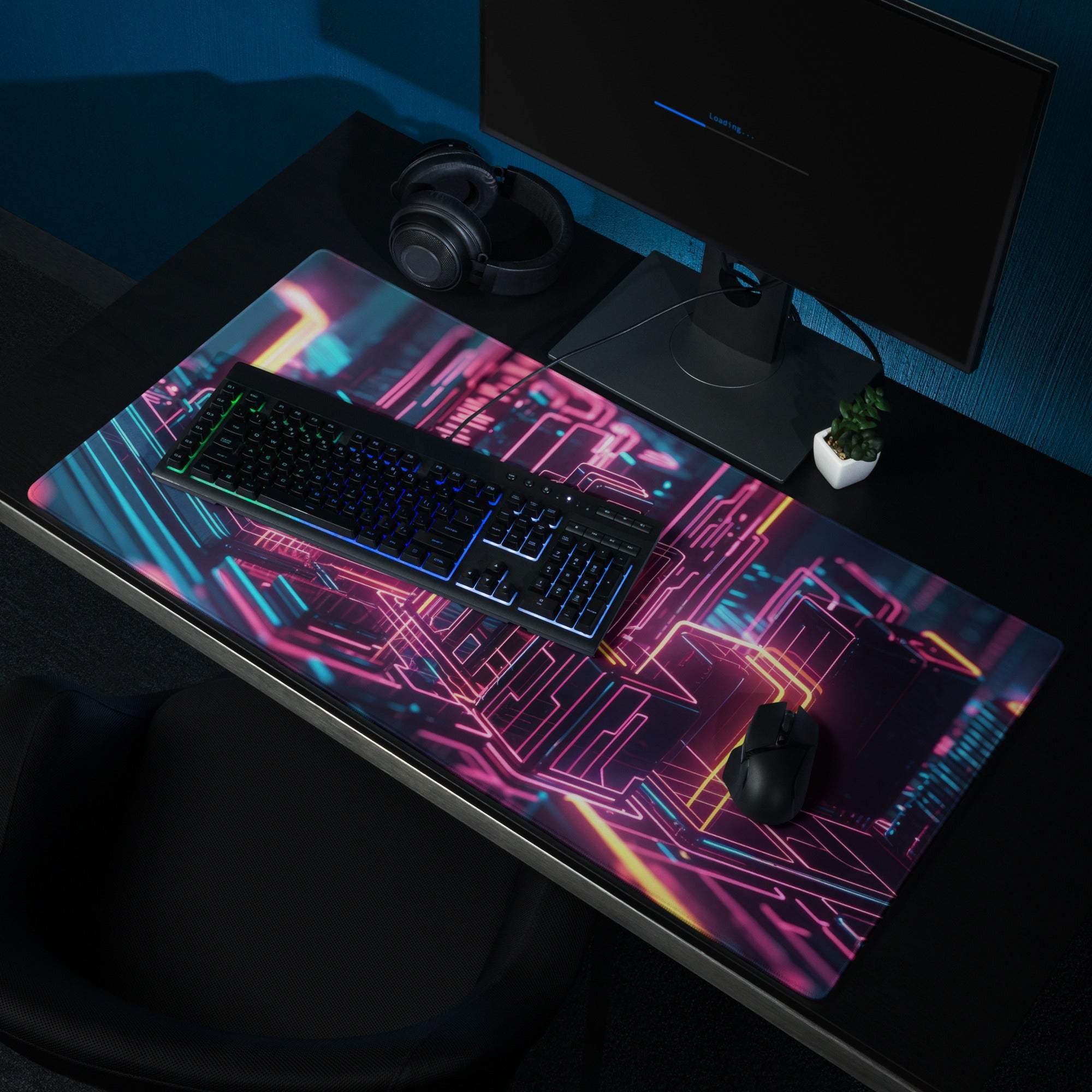 Cyberpunk neon pink cyan circuit cityscape gaming mouse pad large non-slip