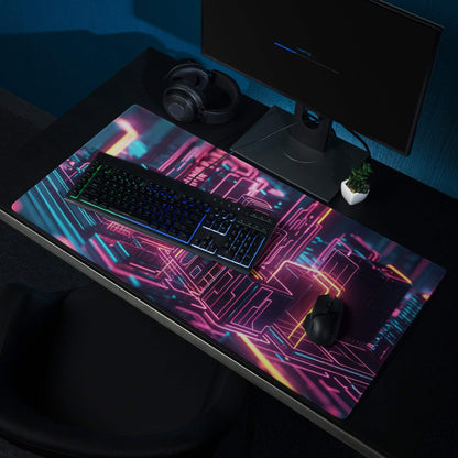 Cyberpunk neon pink cyan circuit cityscape gaming mouse pad large non-slip