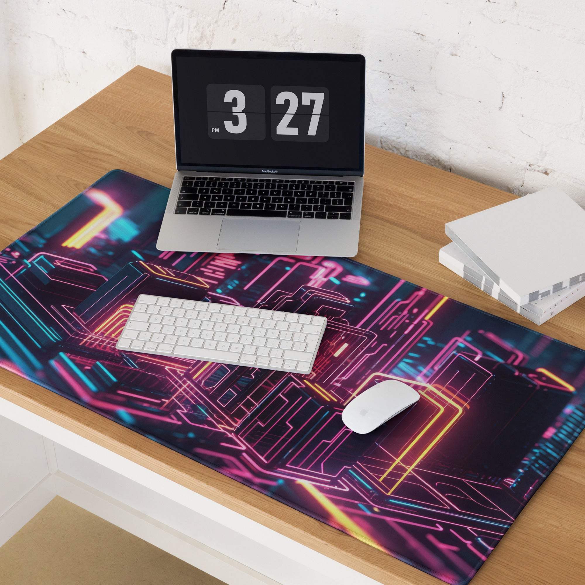 Cyberpunk neon cityscape gaming mouse pad with vibrant pink blue yellow circuits