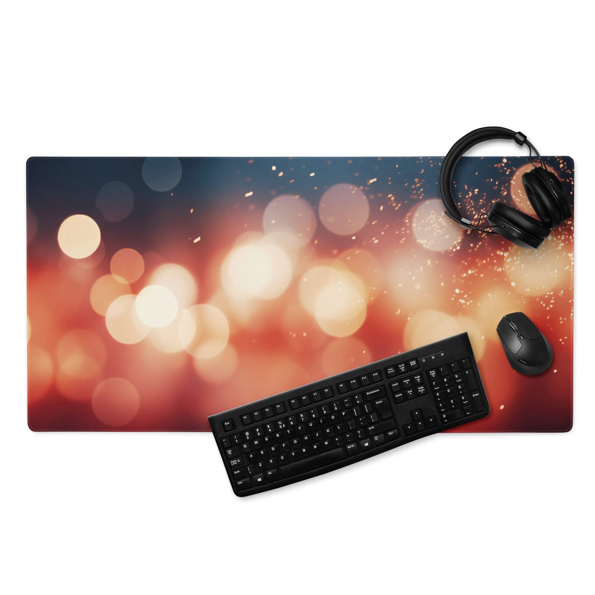 Vibrant esports gaming mouse pad with warm orange blue bokeh lights