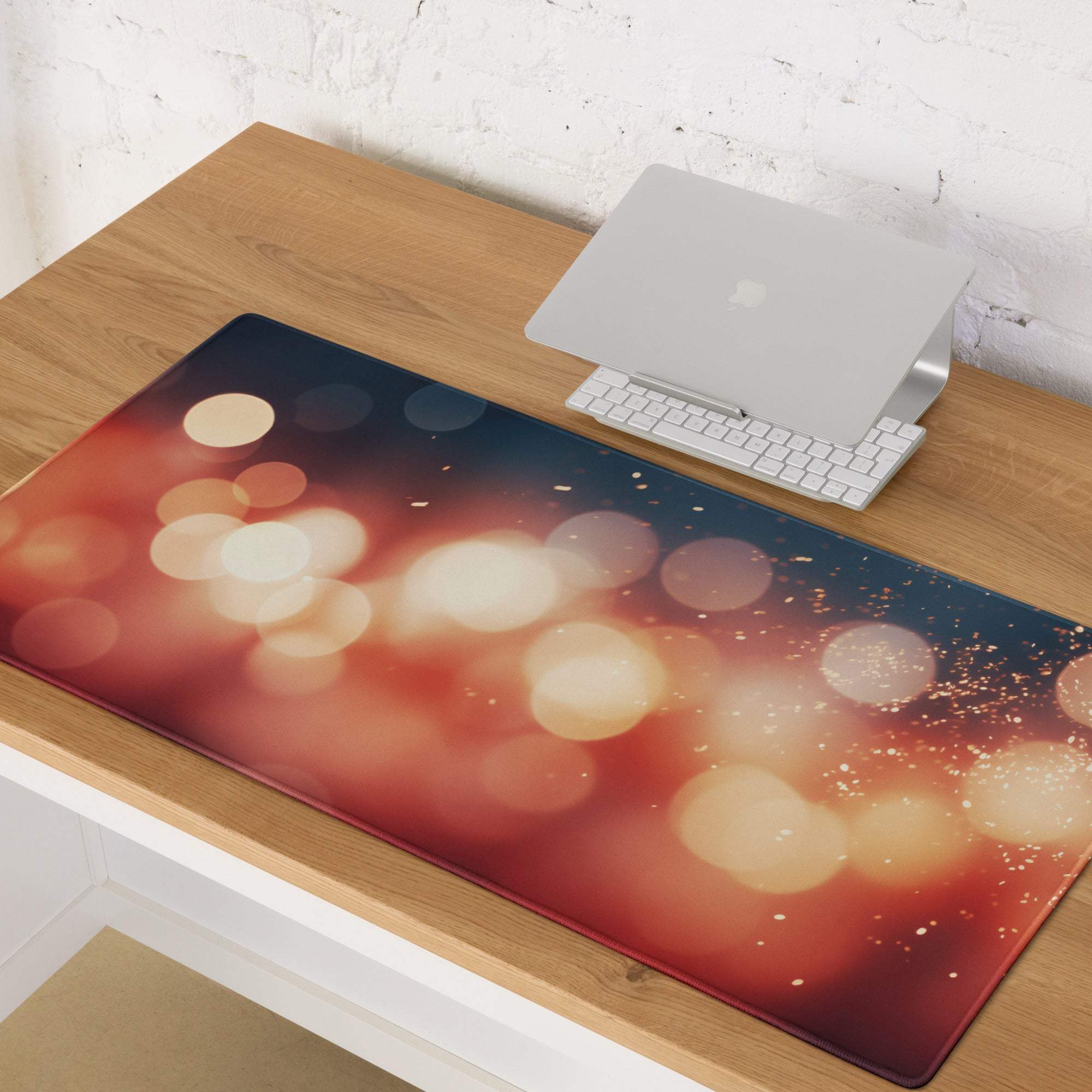 Vibrant esports gaming mouse pad with warm orange blue bokeh design