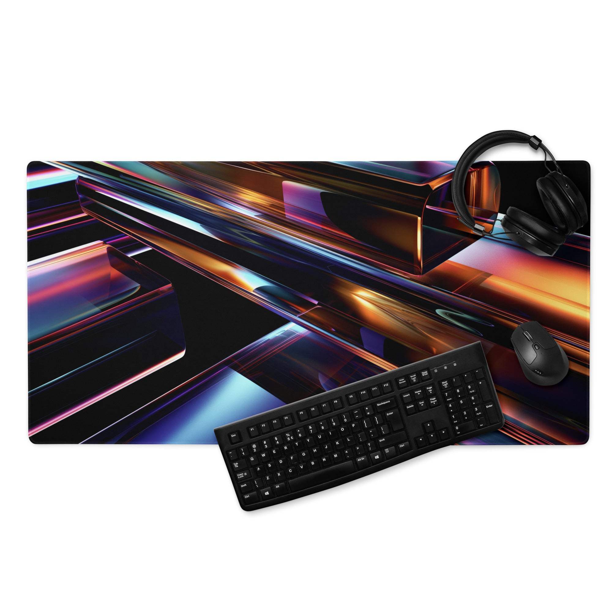 Vibrant neon abstract gaming mouse pad with purple blue orange metallic design large non-slip base stitched edges