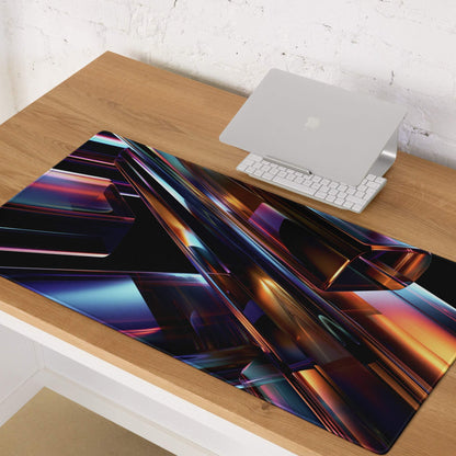Vibrant abstract geometric gaming mouse pad with iridescent blue purple gold sheen