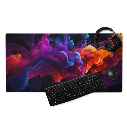 Vibrant abstract smoke gaming mouse pad in purple blue orange red hues
