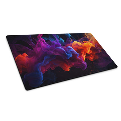 Vibrant abstract smoke ink swirls in purple, orange, blue on large non-slip black gaming mouse pad