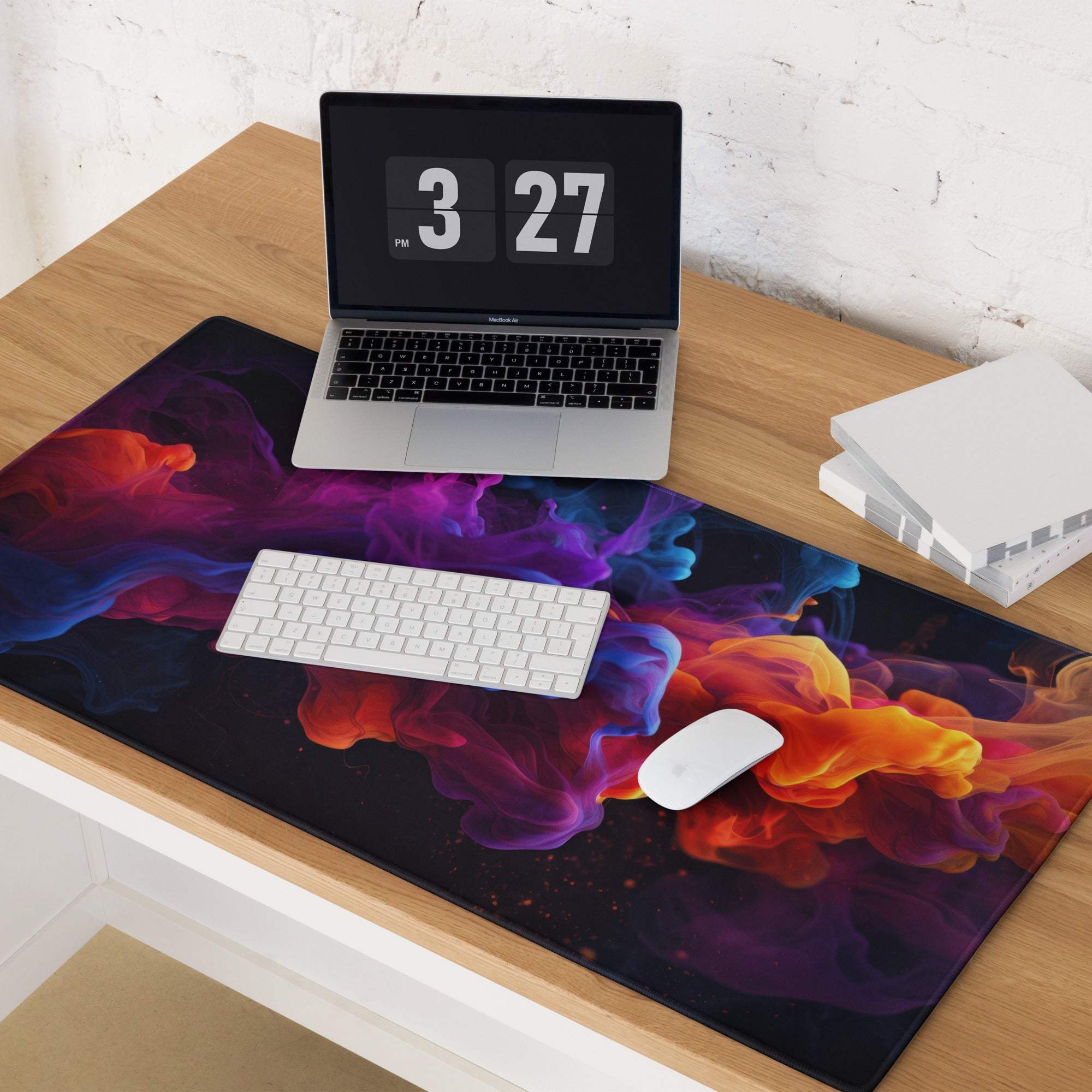 Vibrant abstract smoke color gaming mouse pad with purple orange blue swirls