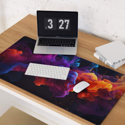 Vibrant abstract smoke color gaming mouse pad with purple orange blue swirls