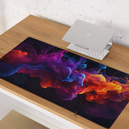 Vibrant abstract ink-blot gaming mouse pad in purple blue orange red on black