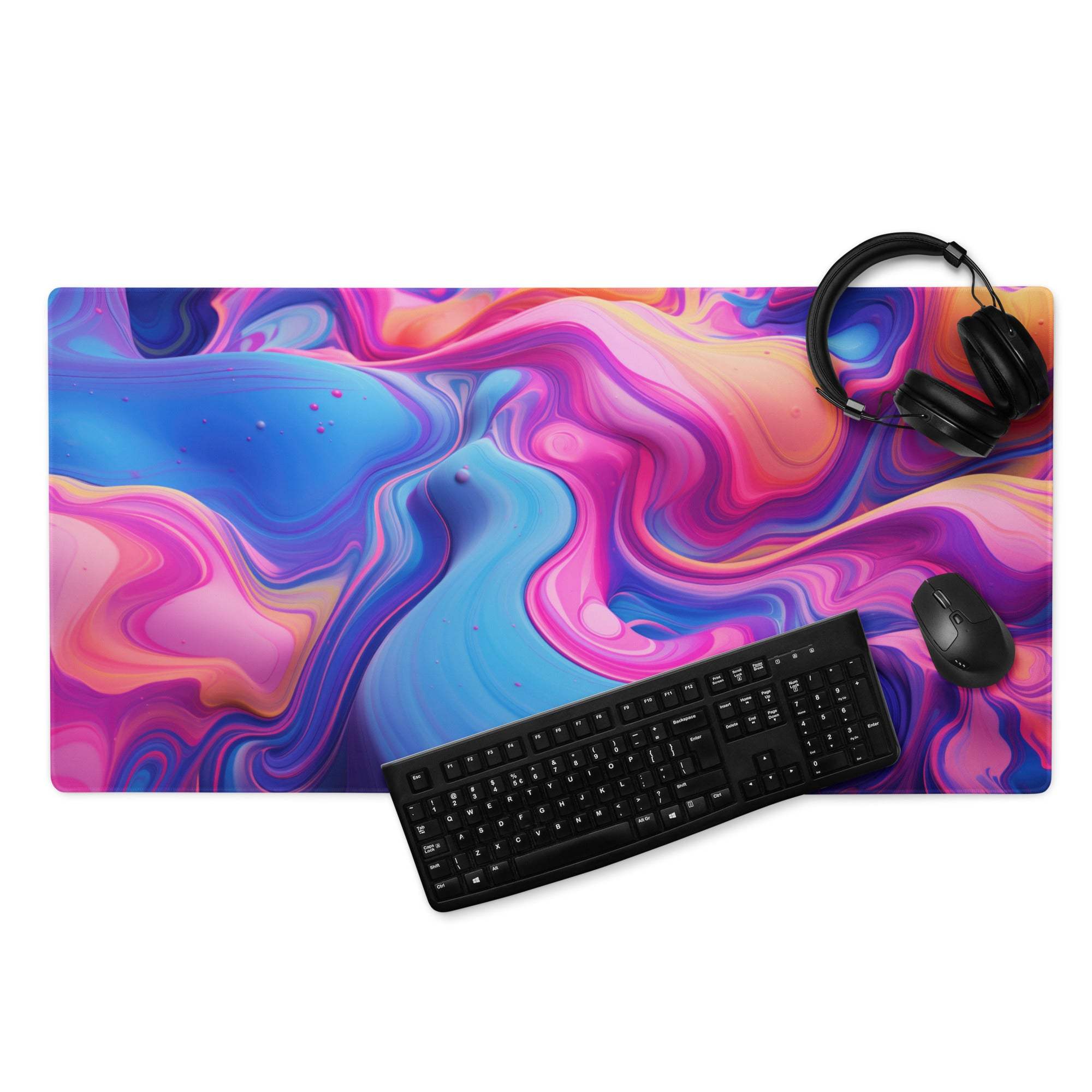 Vibrant abstract swirl gaming mouse pad with blue pink purple hues non-slip base