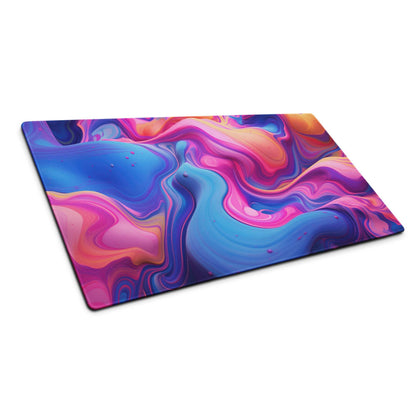 Abstract vibrant swirl gaming mouse pad with blue pink orange swirls non-slip base
