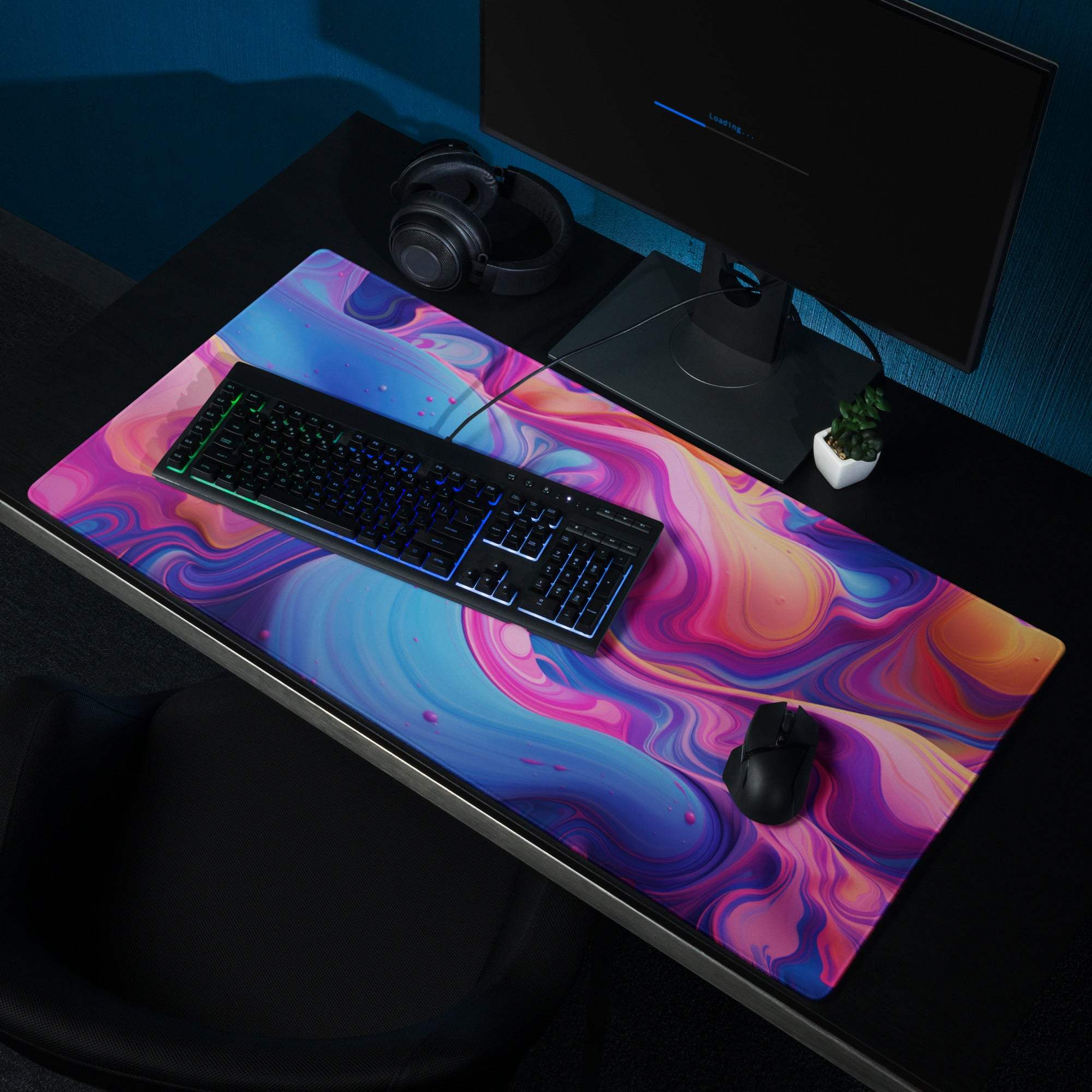 Vibrant abstract swirl gaming mouse pad with non-slip base, edge stitching, large size