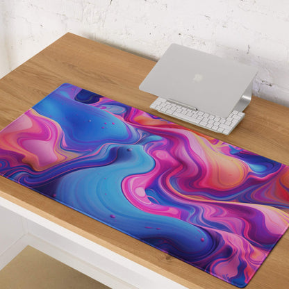 Large abstract vibrant swirl gaming mouse pad in blue pink purple with non-slip base