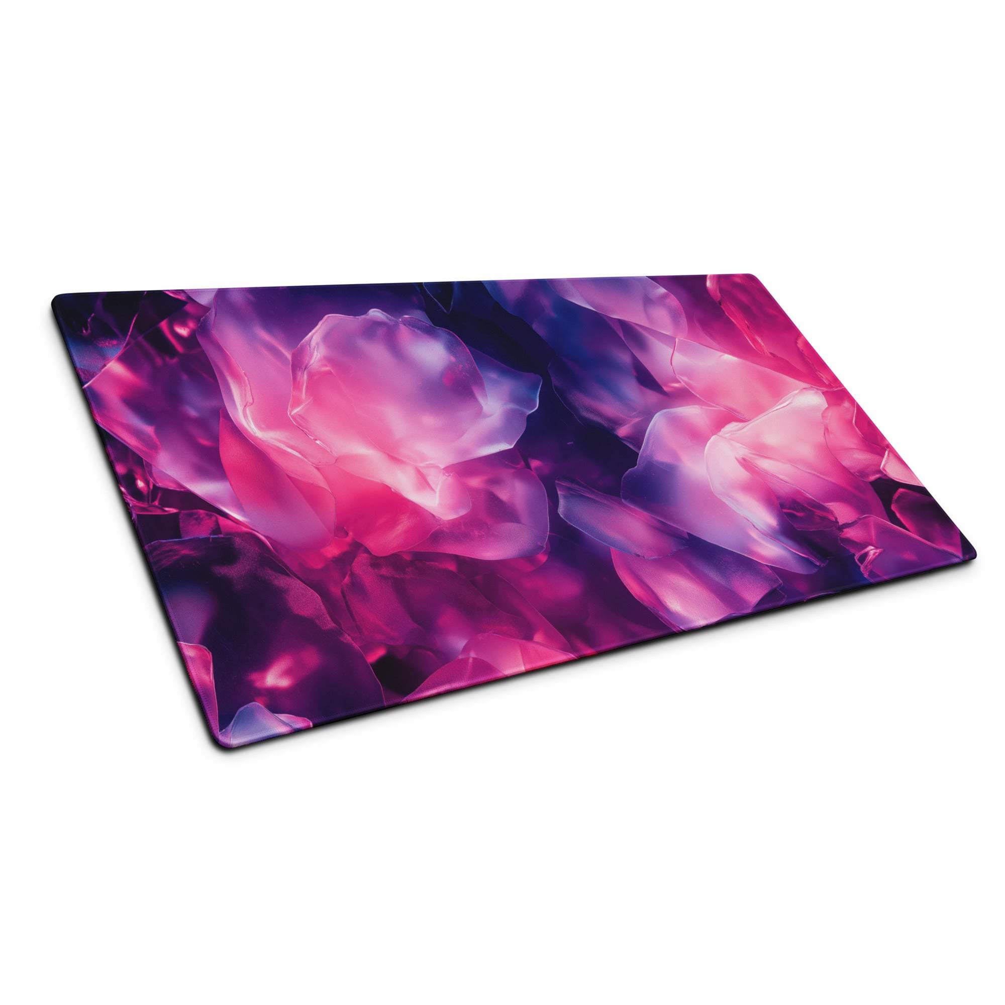 Vibrant abstract purple pink crystal floral gaming mouse pad, large stitched non-slip