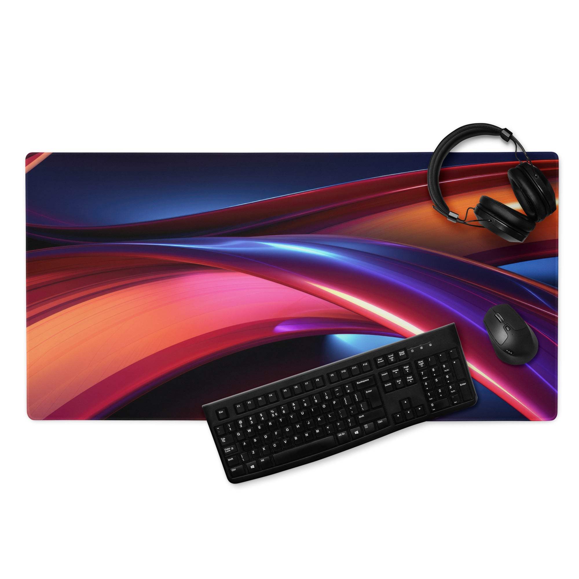 Vibrant neon waves gaming mouse pad with large size, non-slip edges, glossy waves in blue, magenta, orange