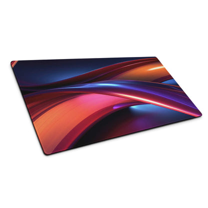 Vibrant neon waves rectangular gaming mouse pad with flowing curves in red, orange, purple, blue, large size, non-slip edge stitching, durable