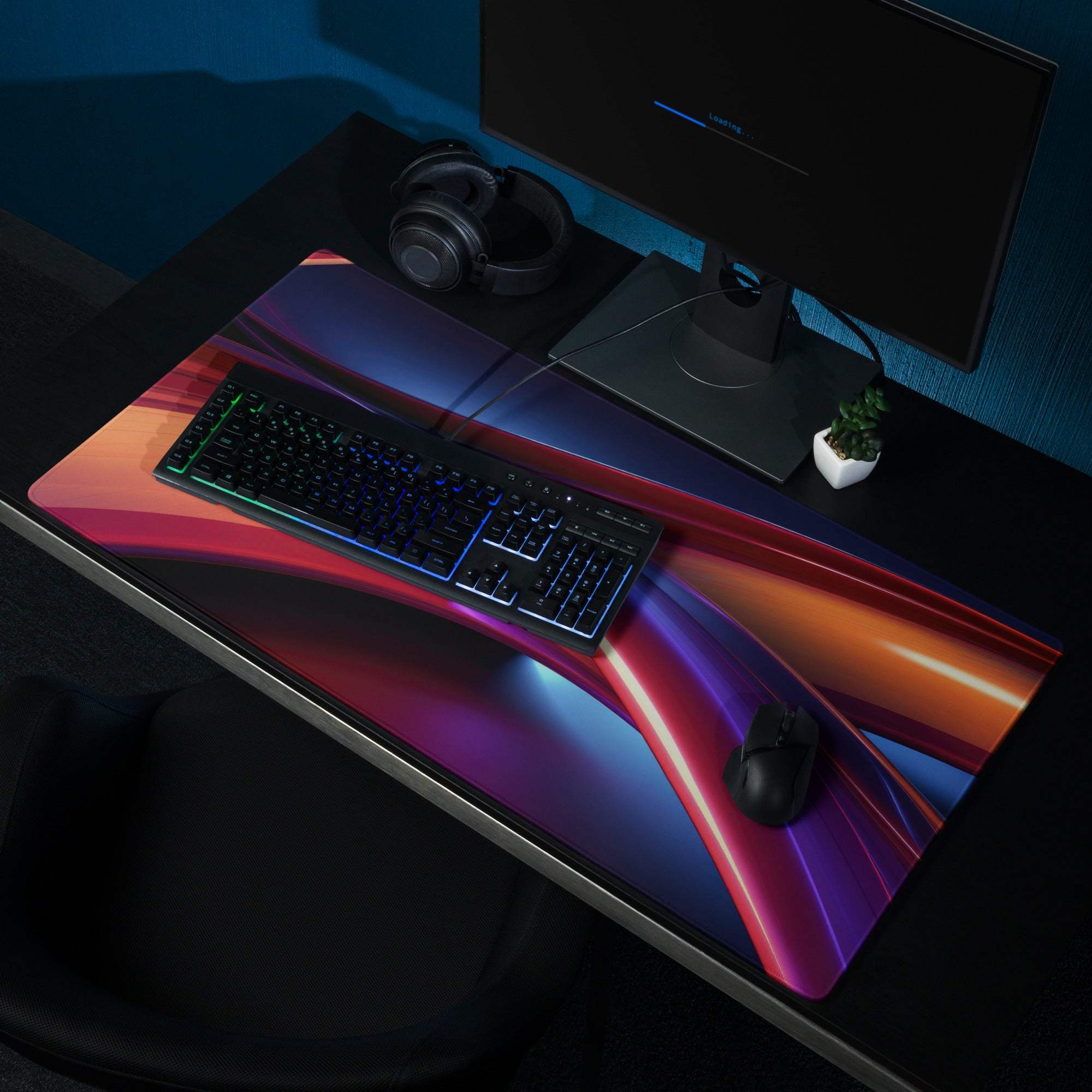 Vibrant neon waves gaming mouse pad with large size, non-slip edges, durable stitching