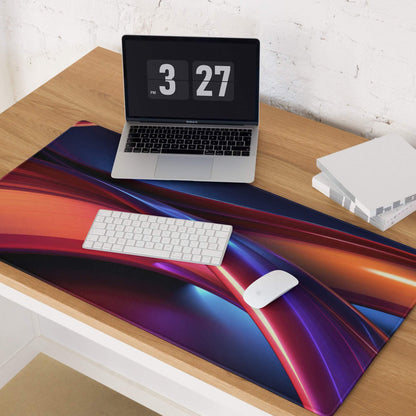 Vibrant neon waves gaming mouse pad with large size, non-slip edge stitching, glossy gradients