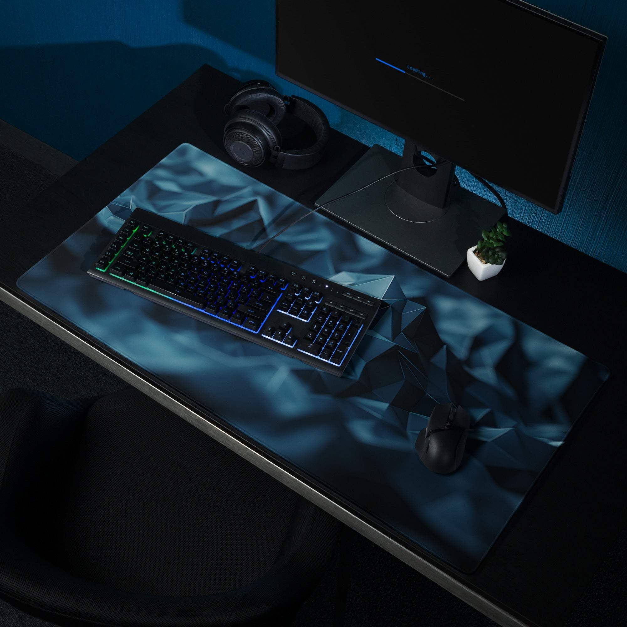 Blue geometric mountain gaming mouse pad with non-slip base