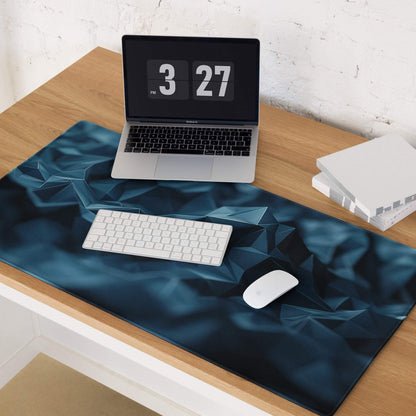 Deep blue geometric mountain gaming mouse pad with crinkled teal fabric texture