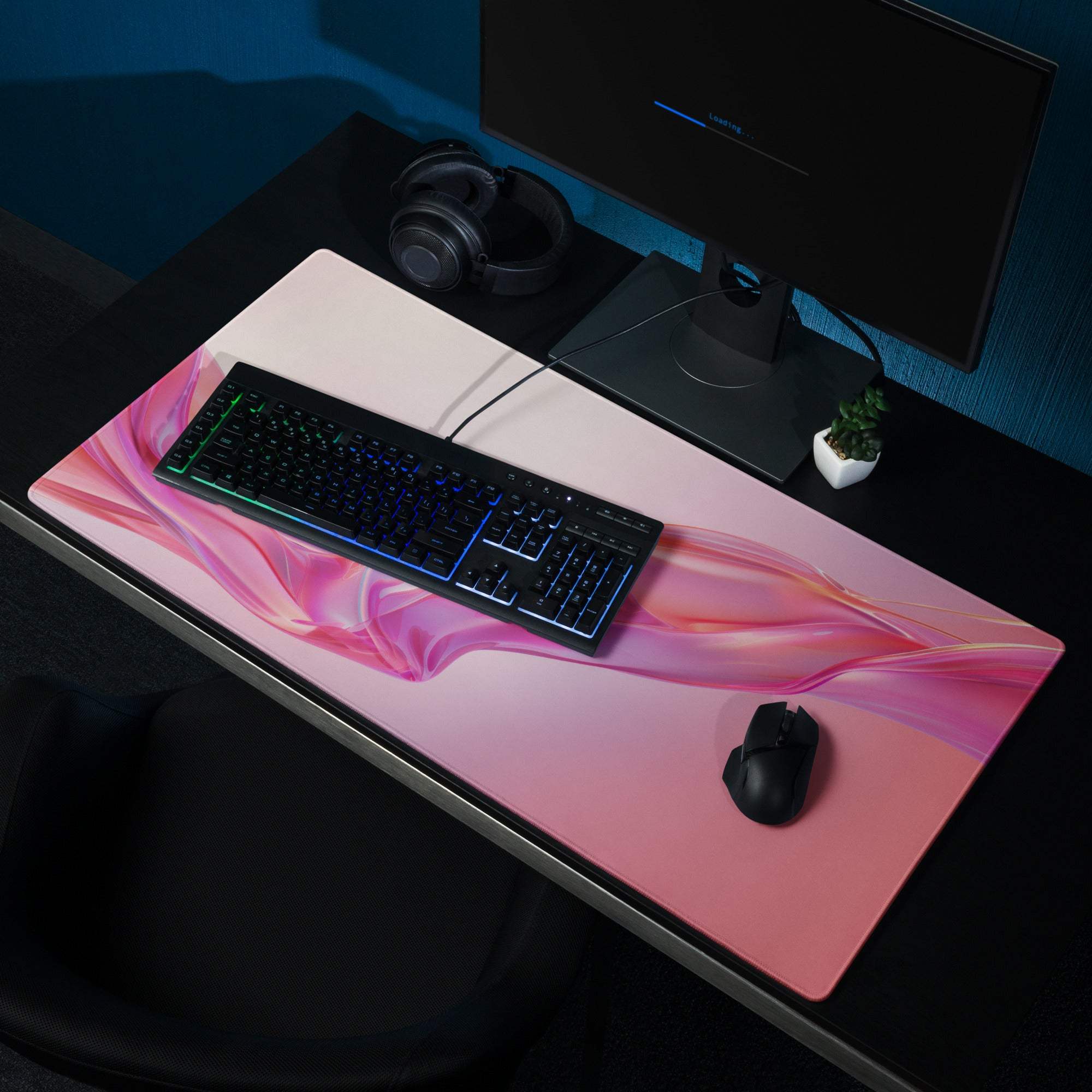 Pink white abstract wave gaming mousepad with non-slip base stitching