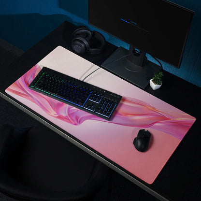 Pink white abstract wave gaming mousepad with non-slip base stitching