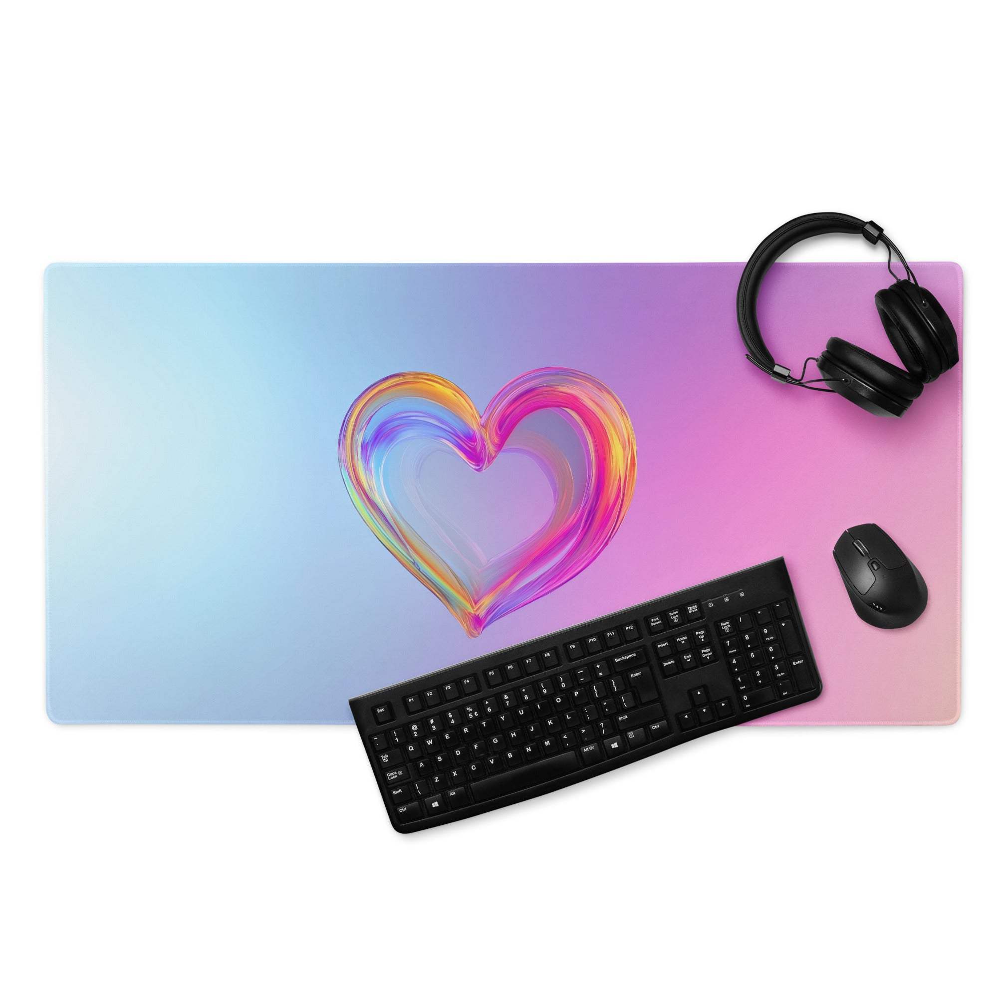 Pastel gradient heart gaming mouse pad with vibrant multi-colored glow