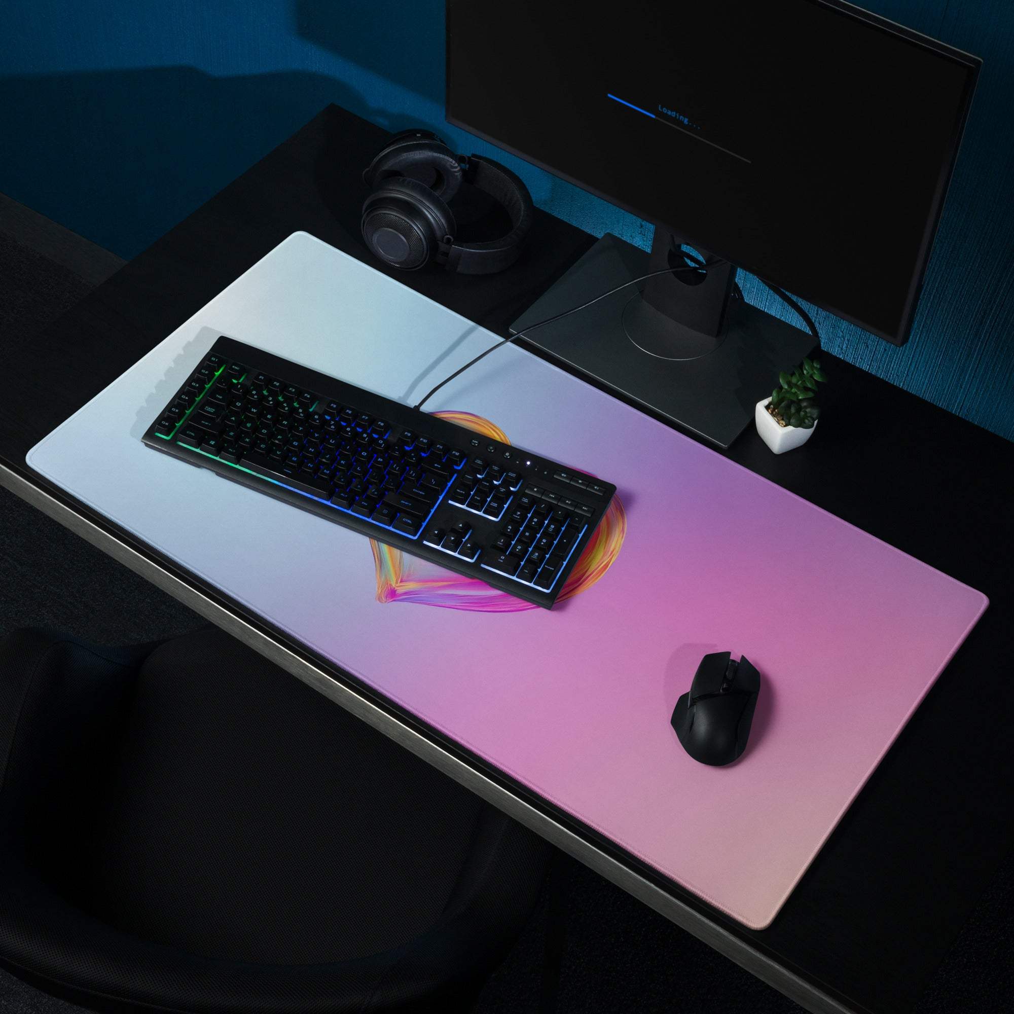 Pastel gradient heart gaming mouse pad with rainbow swirls, non-slip base