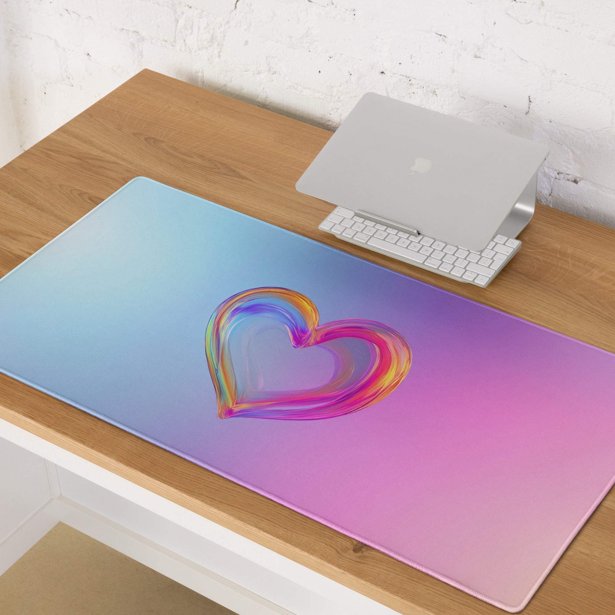 Pastel gradient heart gaming mouse pad with vibrant blue pink orange swirl, non-slip base, stitched edges