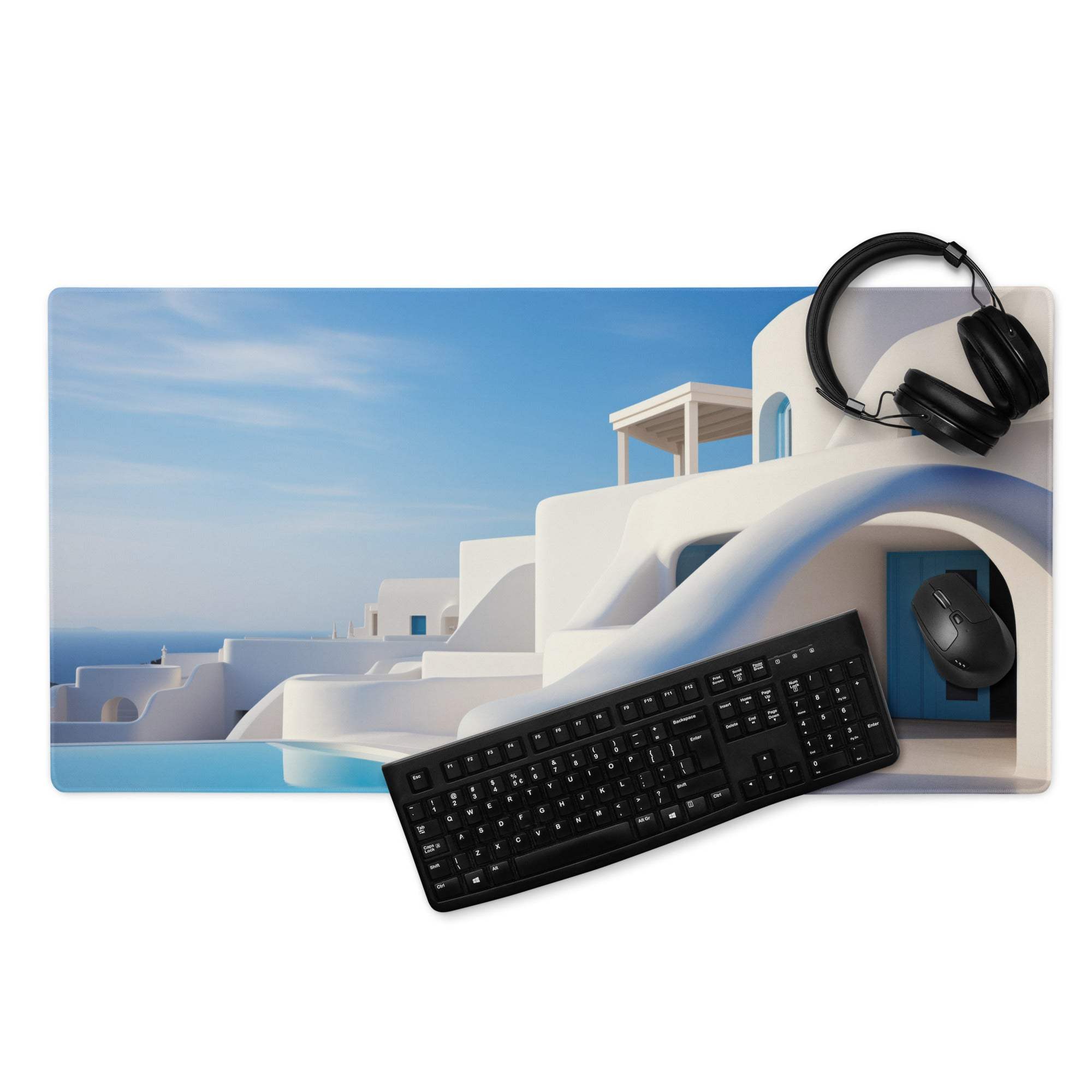 Santorini blue and white minimalist gaming mouse pad with infinity pool